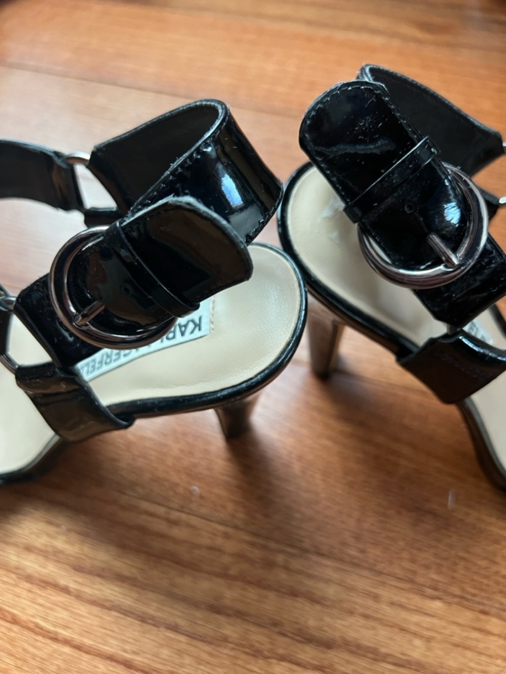 Karl Lagerfeld Black Patent Ankle-Strap Stiletto Sandals - Picture 13 of 15